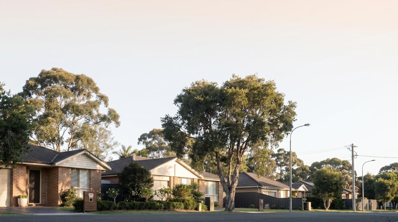 A quiet suburban street of brick homes in Greater Sydney at dusk