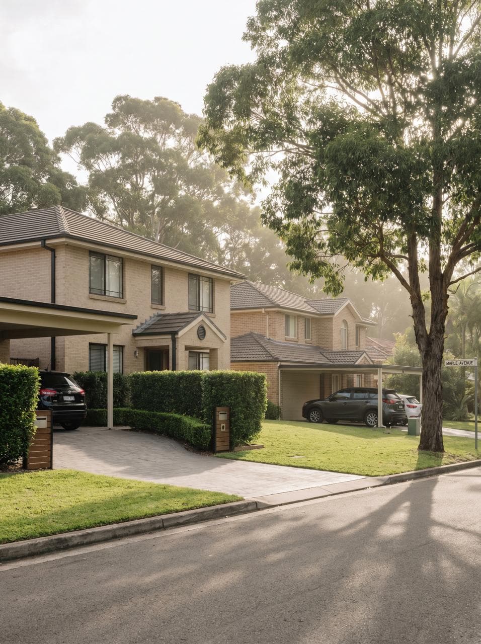 Morning light on a suburban street of family homes